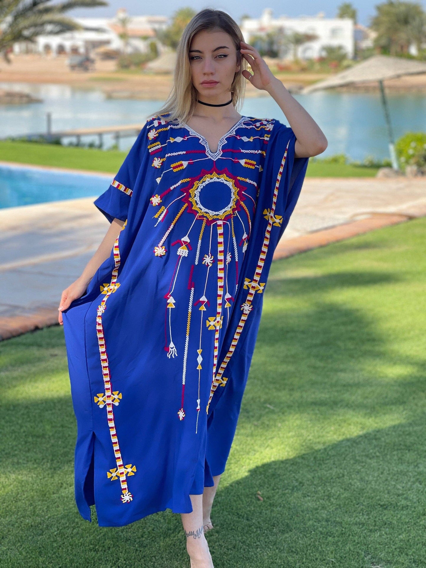 Electric Blue Egyptian Cotton Embroidered Kaftan