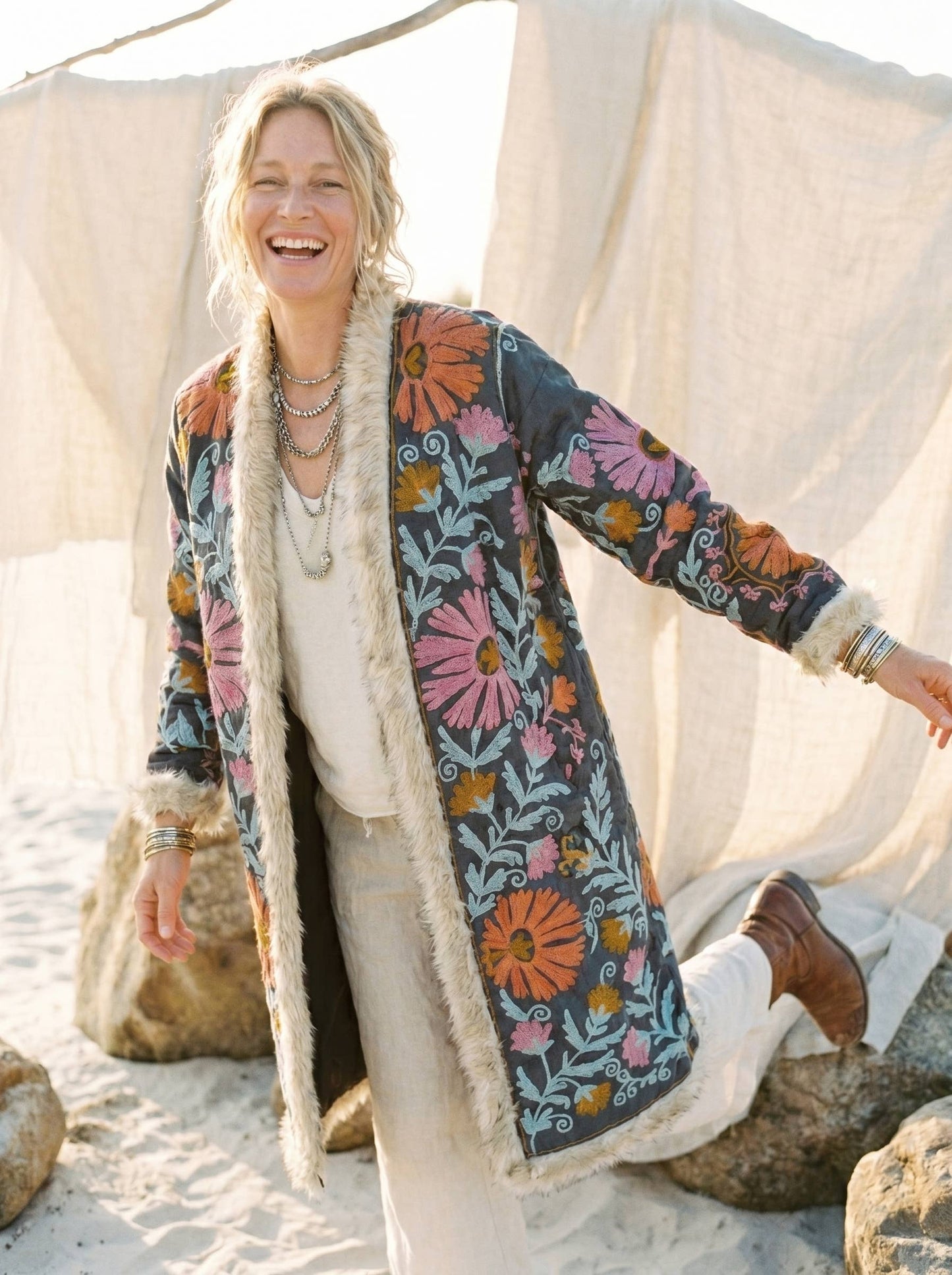 Embroidered LongCoat Velvet Faux-Fur Trim 70s Style