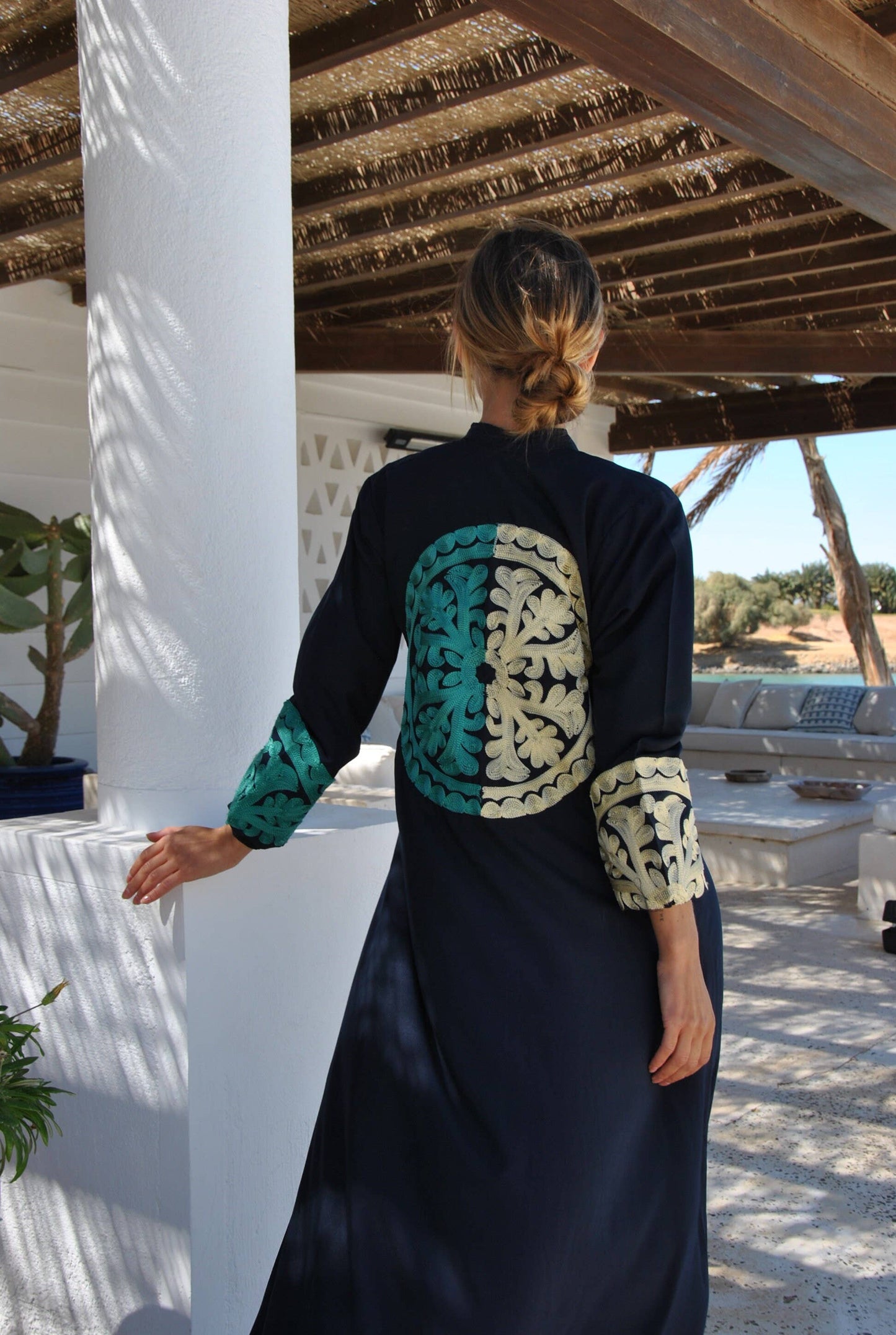 Bohemian Embroidered Navy Blue Cotton Kaftan Dress: Small