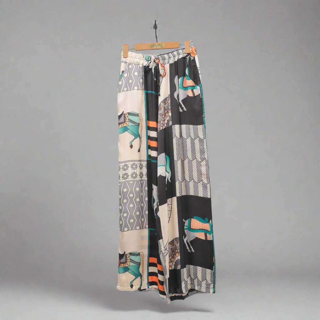 Wide pants with equestrian print in silk viscose - Black Size 10 to 12