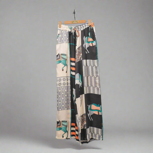 Wide pants with equestrian print in silk viscose - Black Size 10 to 12