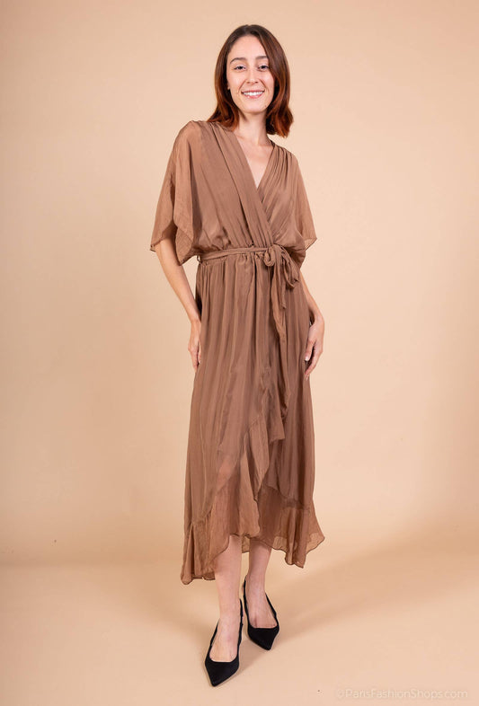 Silk dress: 30% Silk 70% viscose / Camel / Size S to M