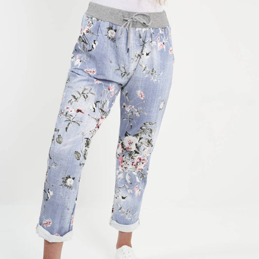Italian Floral Cotton Pants: Light Wash / One Size ( 10-14)