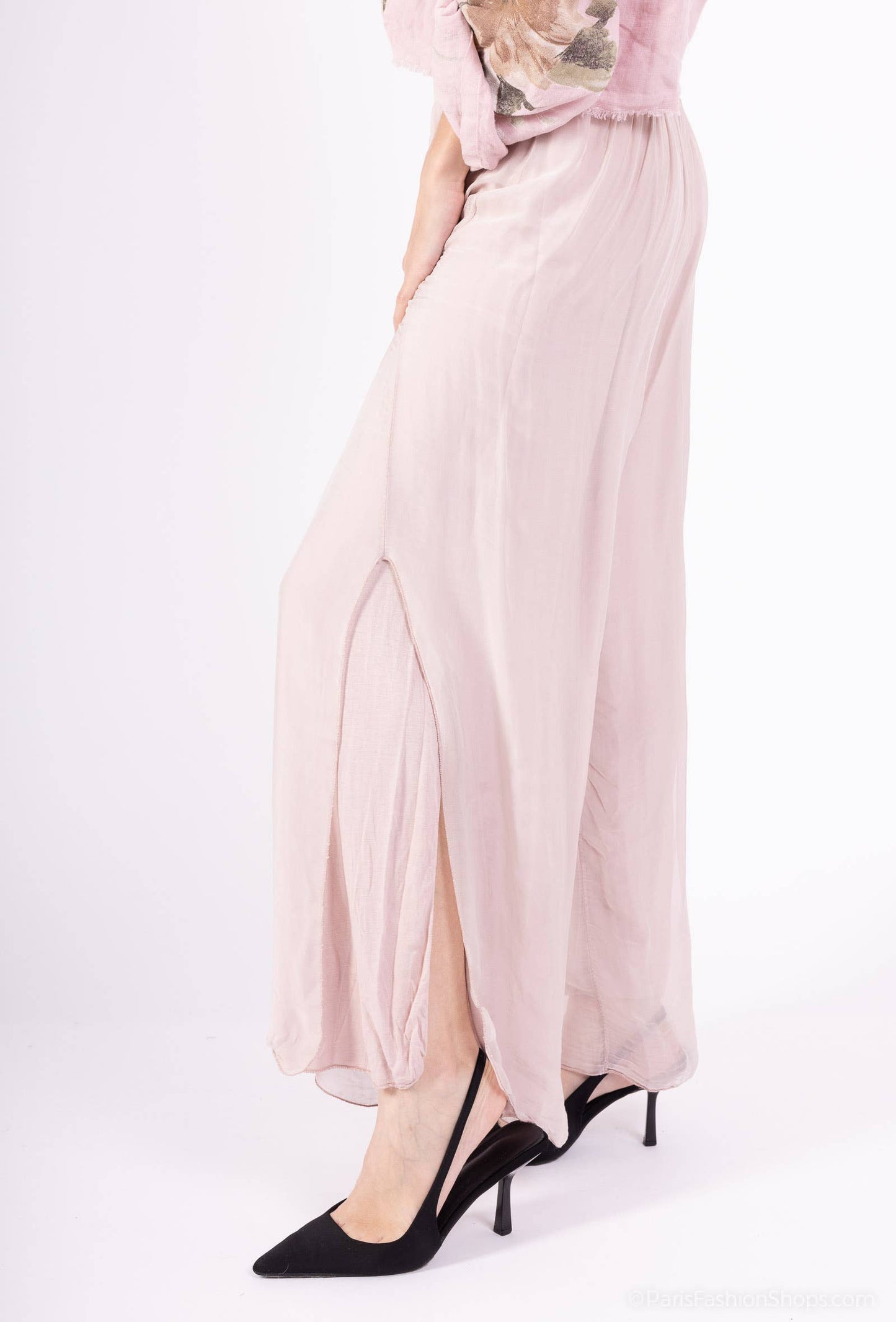 Silk pants with Side Split 30% silk - 70% viscose / Rose / One size- S