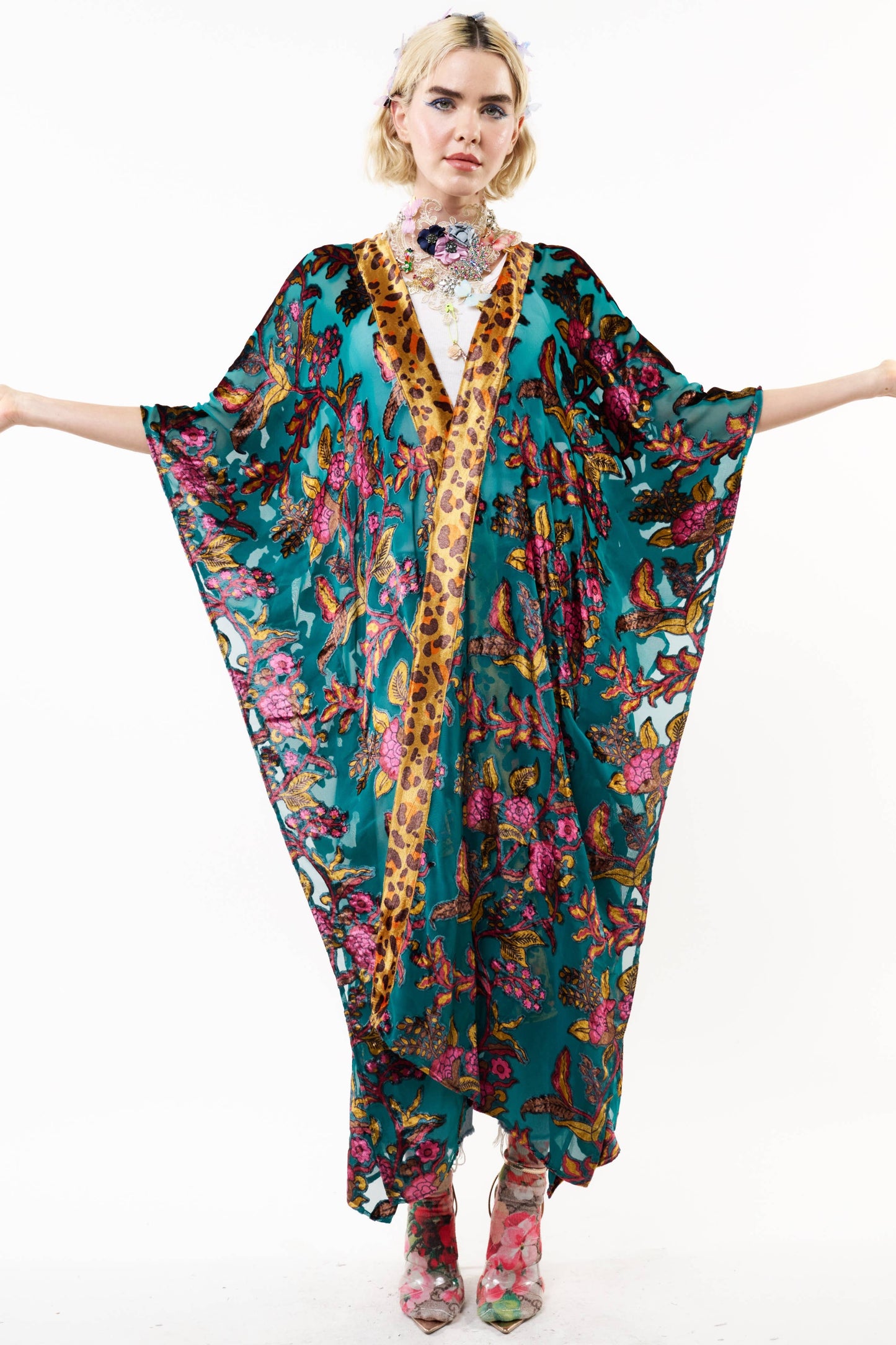 Holiday Jewels Maxi Kimono: Teal / One Size