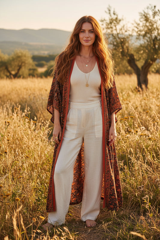 Boho Kimono Recycle Silk Beach Coverup - One Size