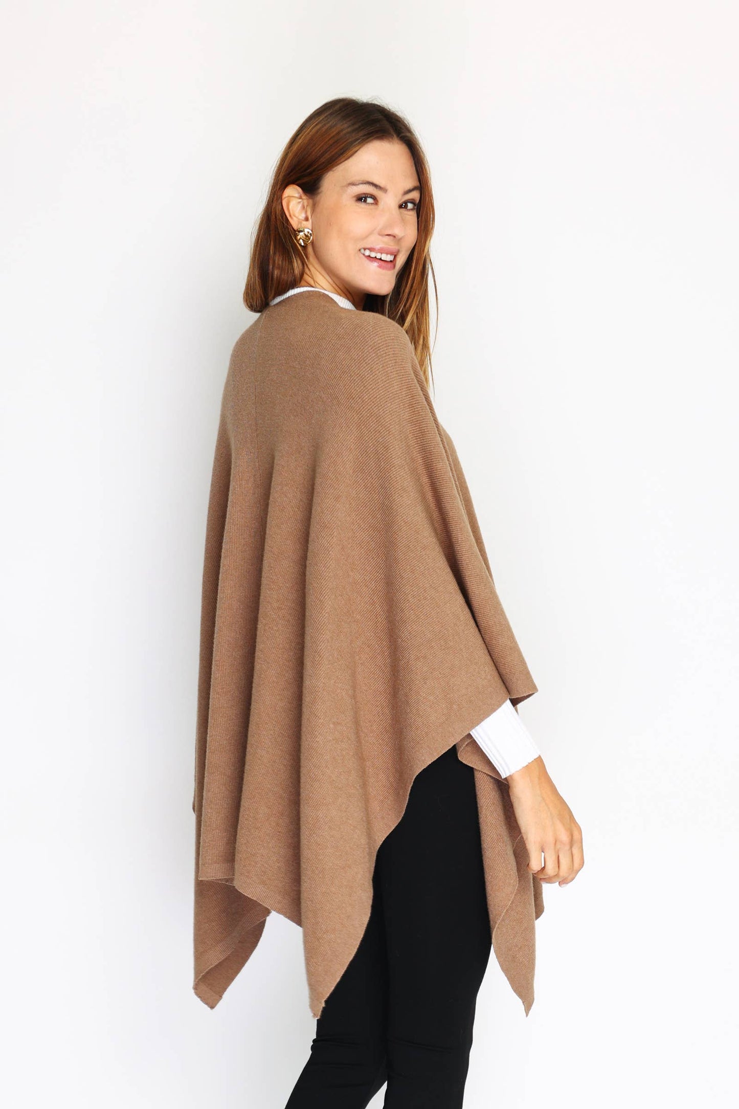 Italian Knitted Wrap Poncho with one button Camel / One size