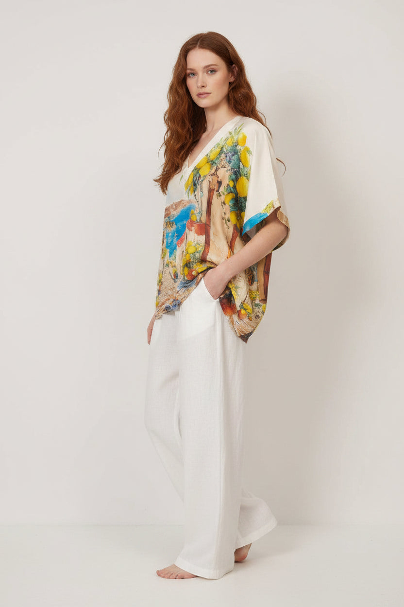 Printed satin tunic, fluid cut, V-neck: One Size
