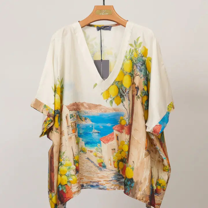 Printed satin tunic, fluid cut, V-neck: One Size