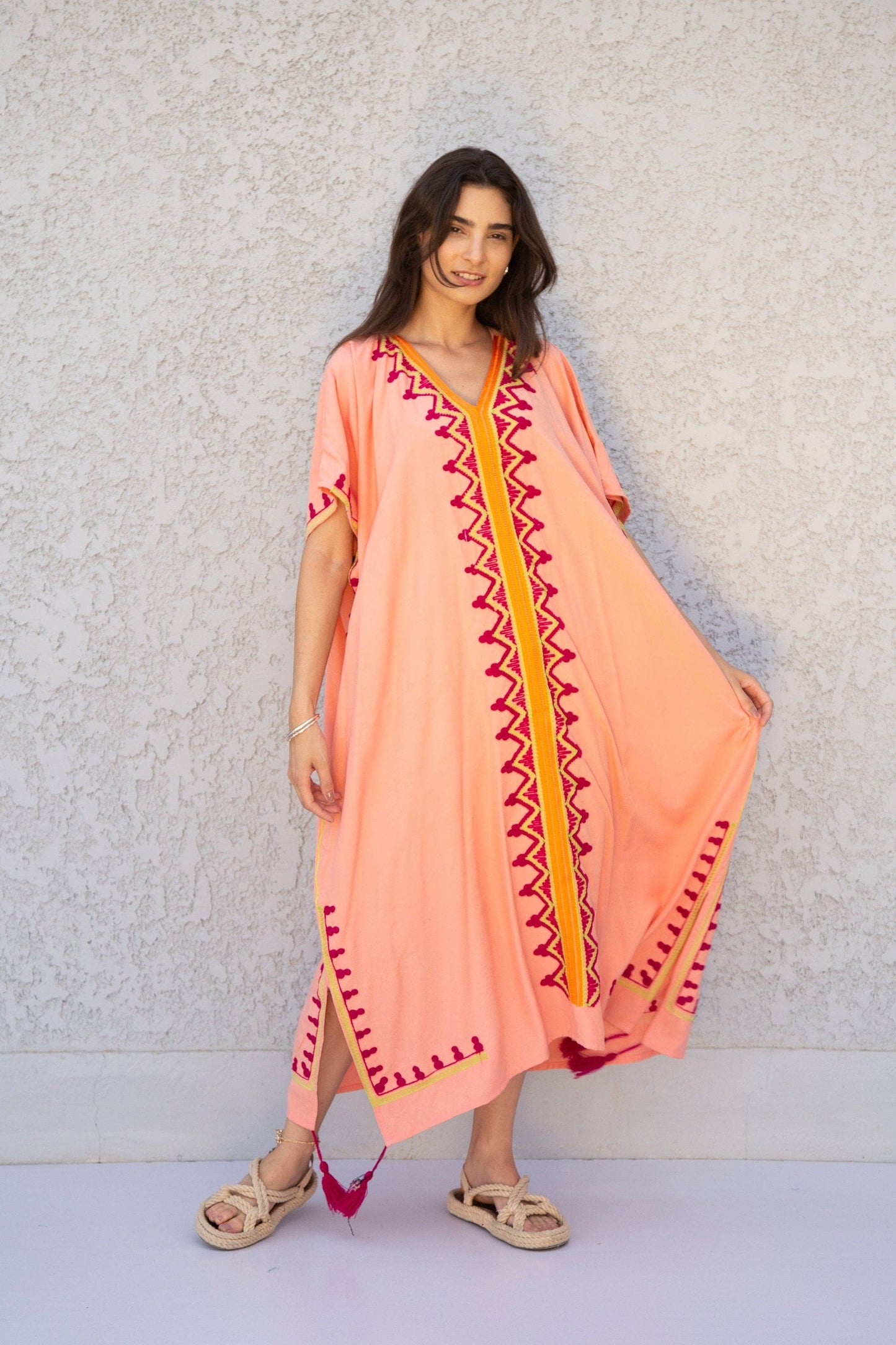 Peach Embroidered Egyptian Cotton Kaftan- One size
