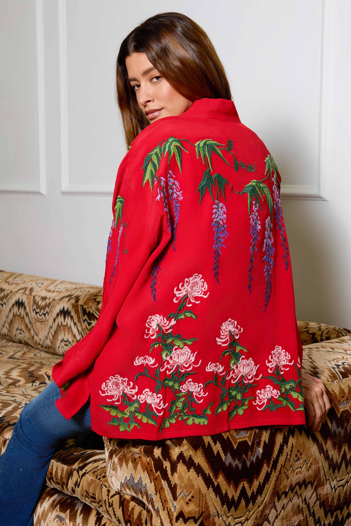 Wisteria & Chrysanthemum Embroidered Red Fully Lined Short Kimono: One Size