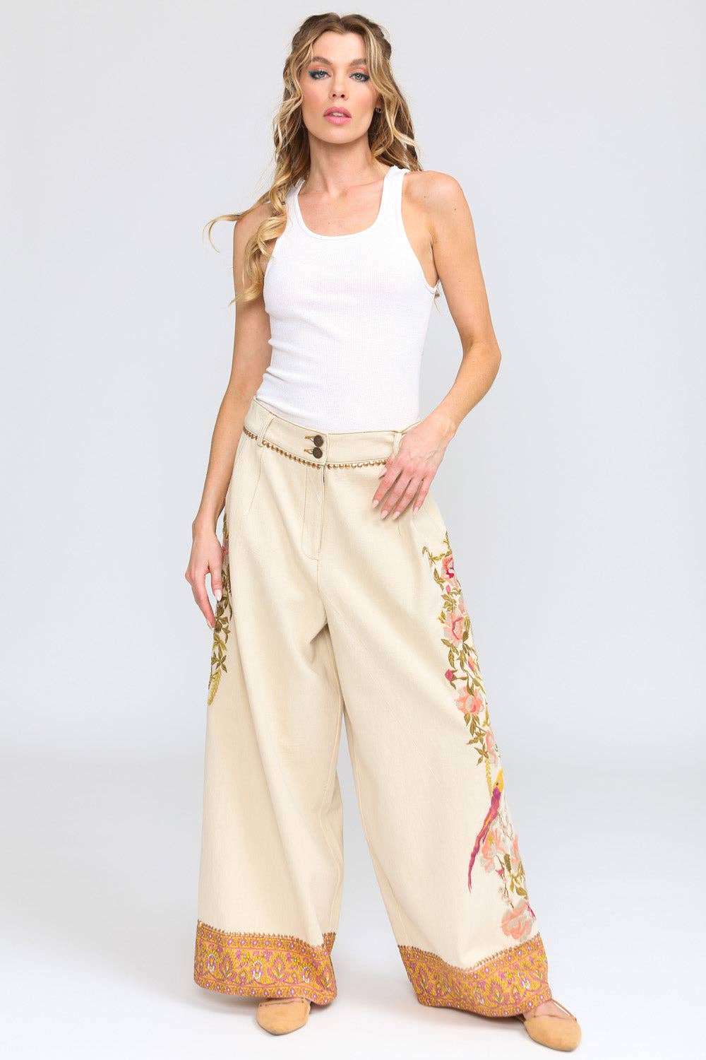 Time To Shine Denim Pants | Wide Leg Pants | Floral Pants: Cream / Small