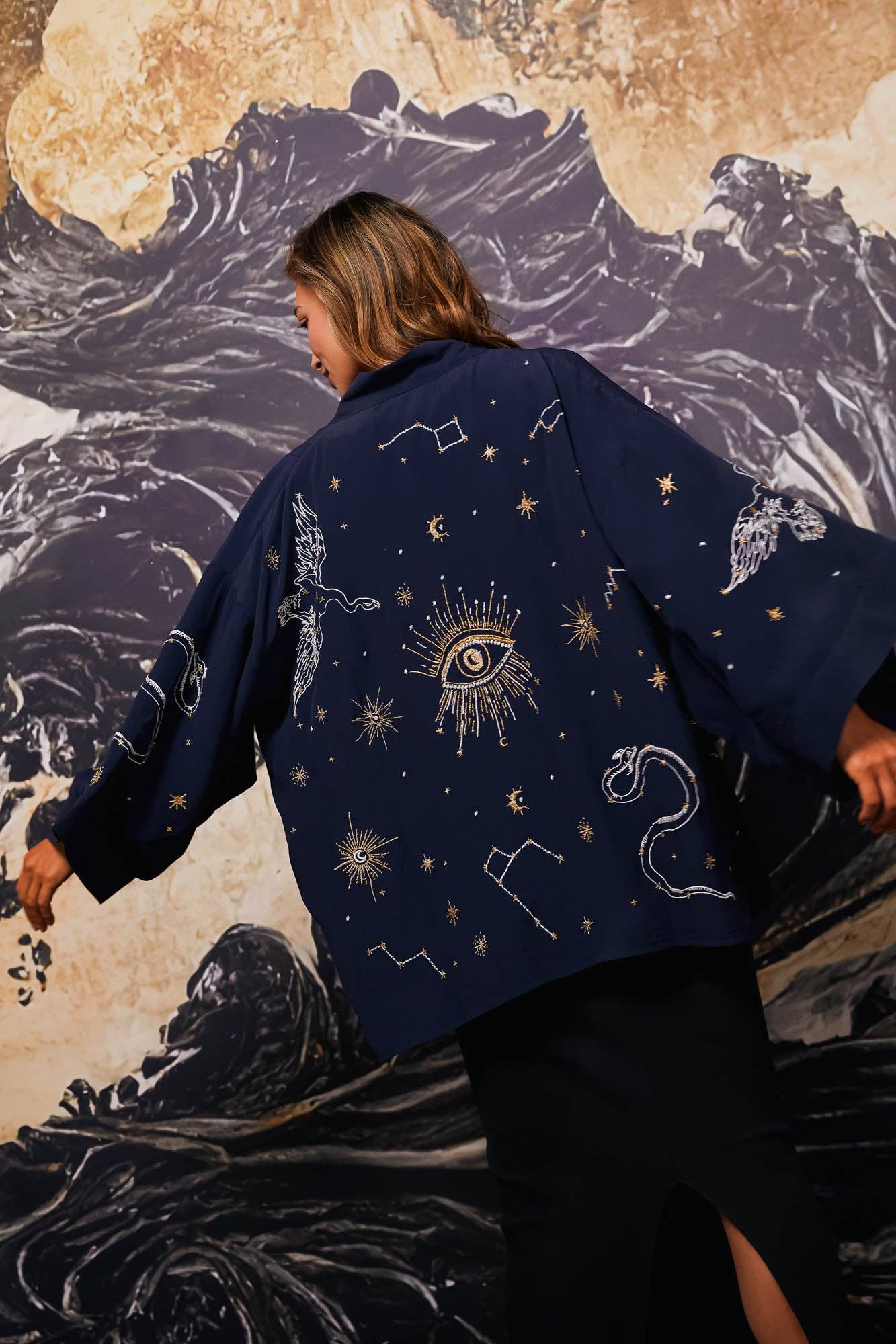 Cosmos Embroidered Navy Blue, Ivory and Gold Fully Lined Short Kimono: One Size