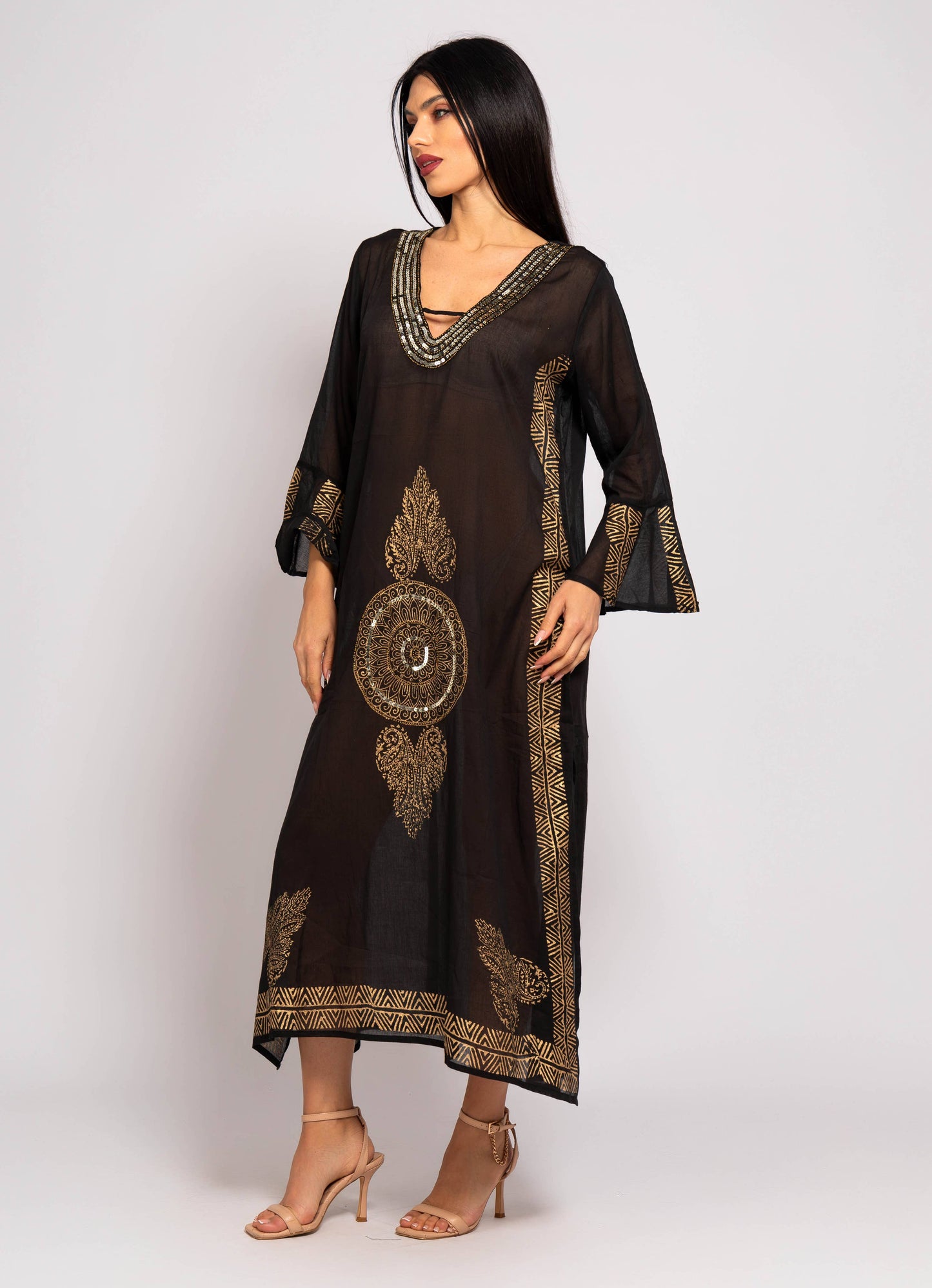 LONG SLEEVE BLACK COTTON KAFTAN: L/XL