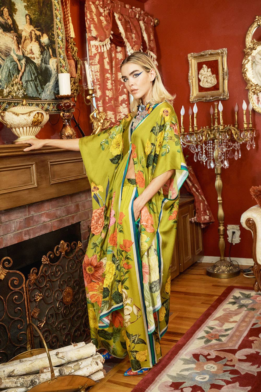 French Riviera Hand-Beaded Kimono / Topper: Olive Floral / One Size