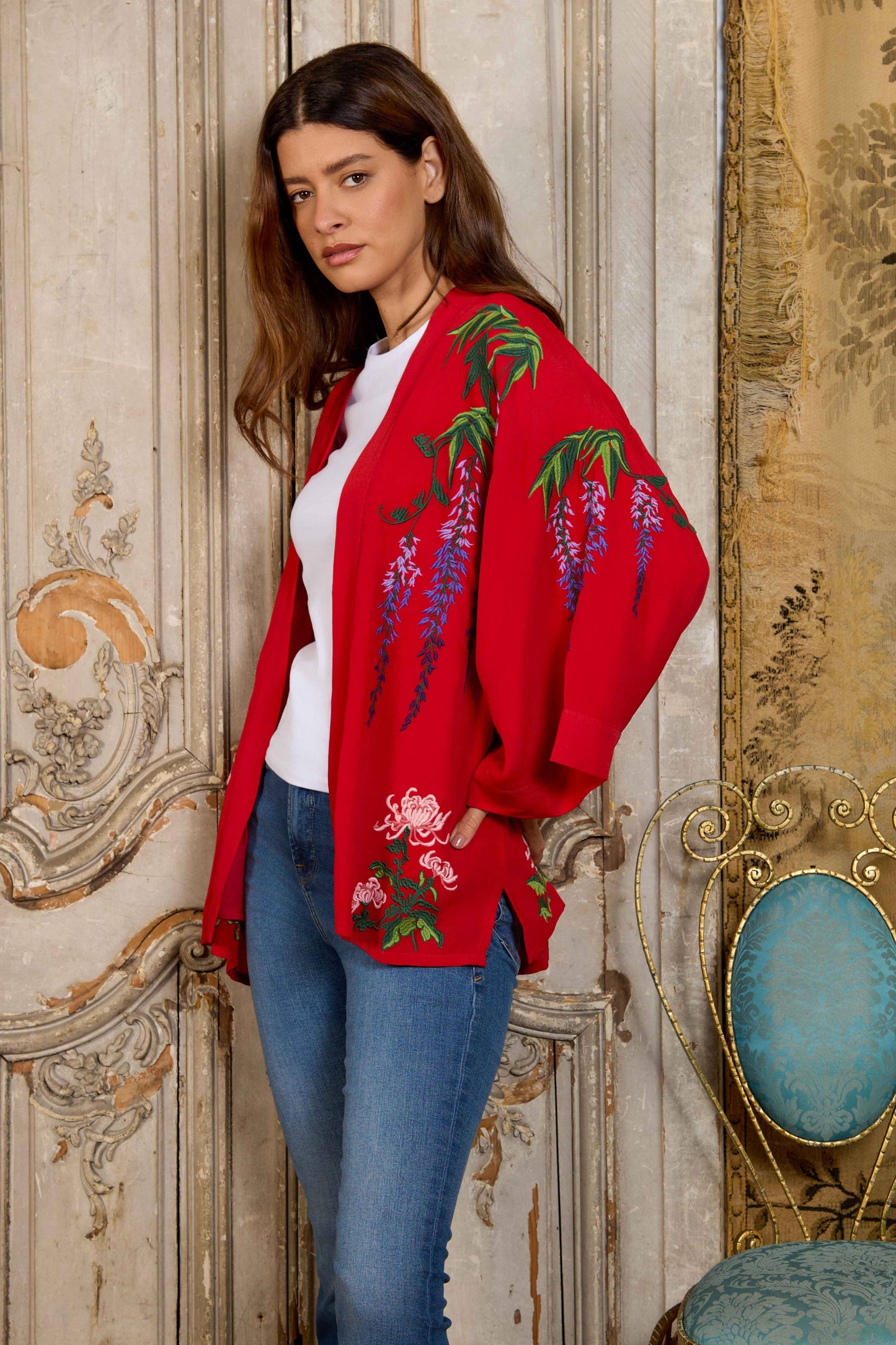 Wisteria & Chrysanthemum Embroidered Red Fully Lined Short Kimono: One Size