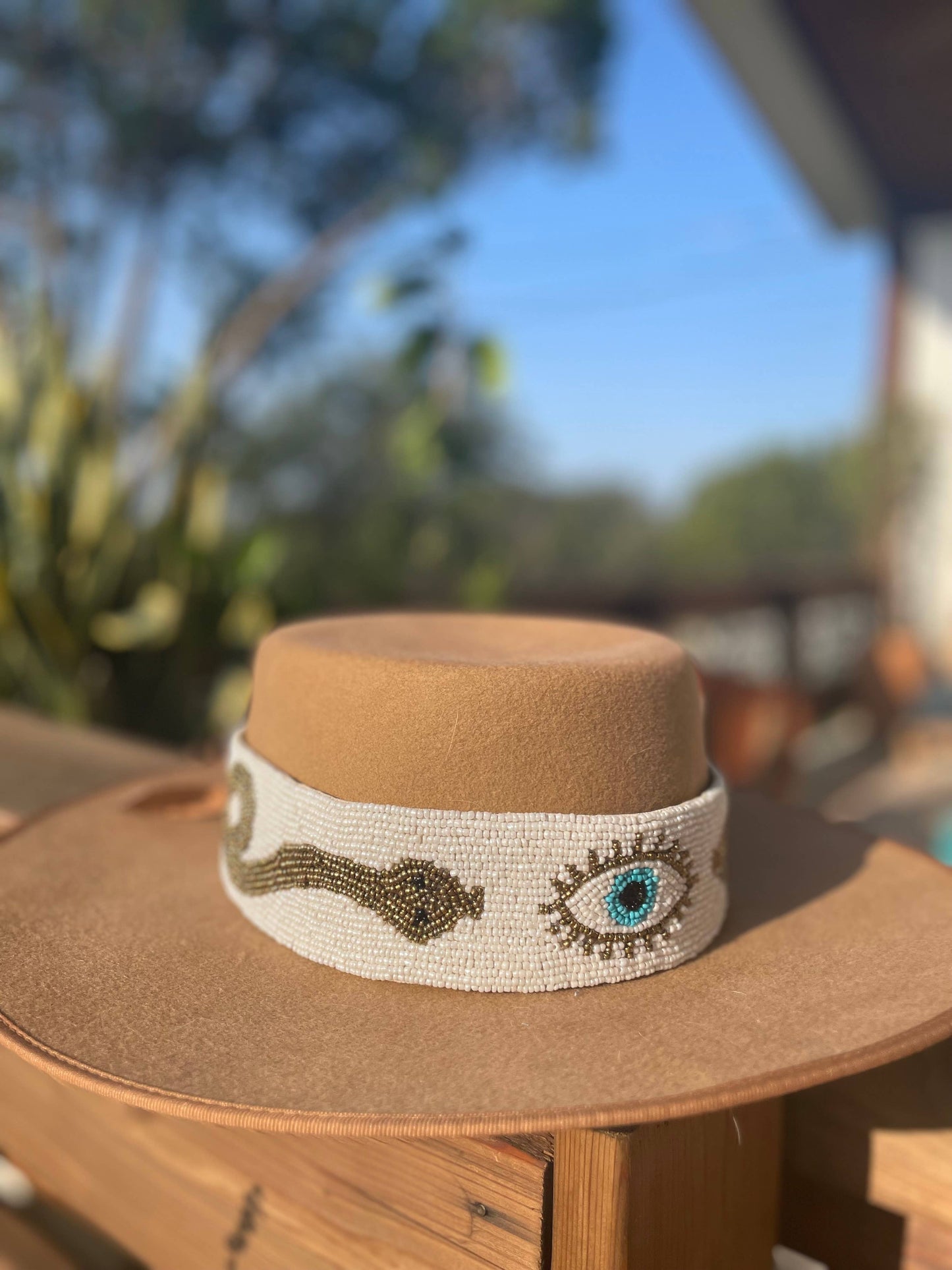 Hand beaded evil eye n snake Hat Band or belt (White)