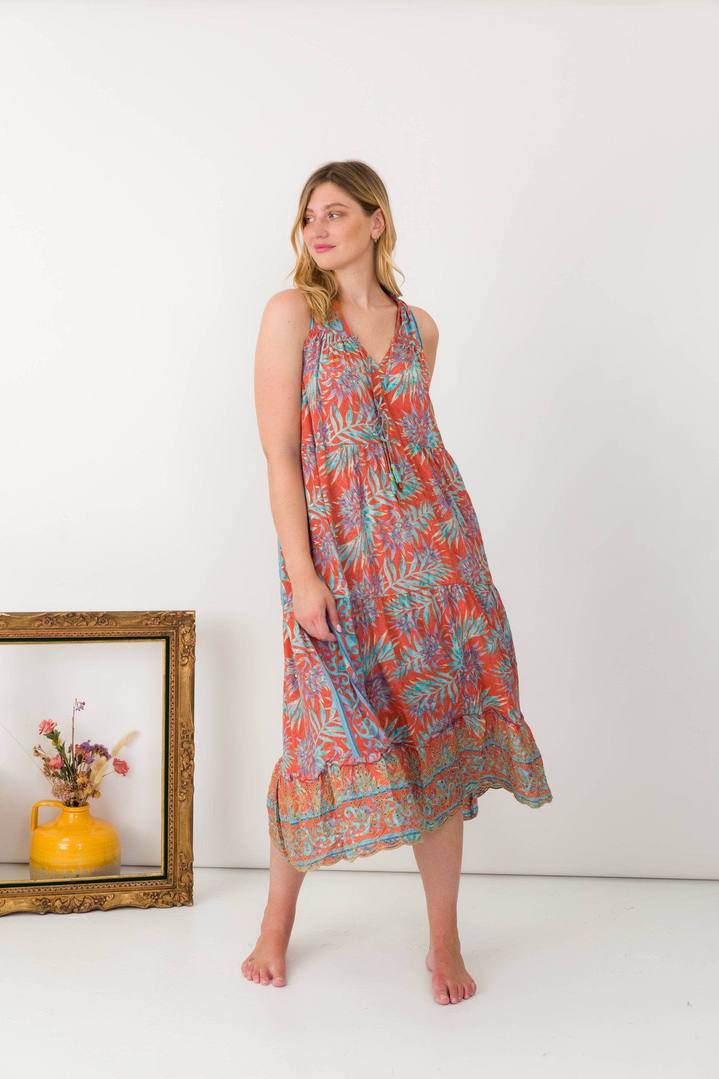 3/4 Long silk dress with embroidery anglaise-One size