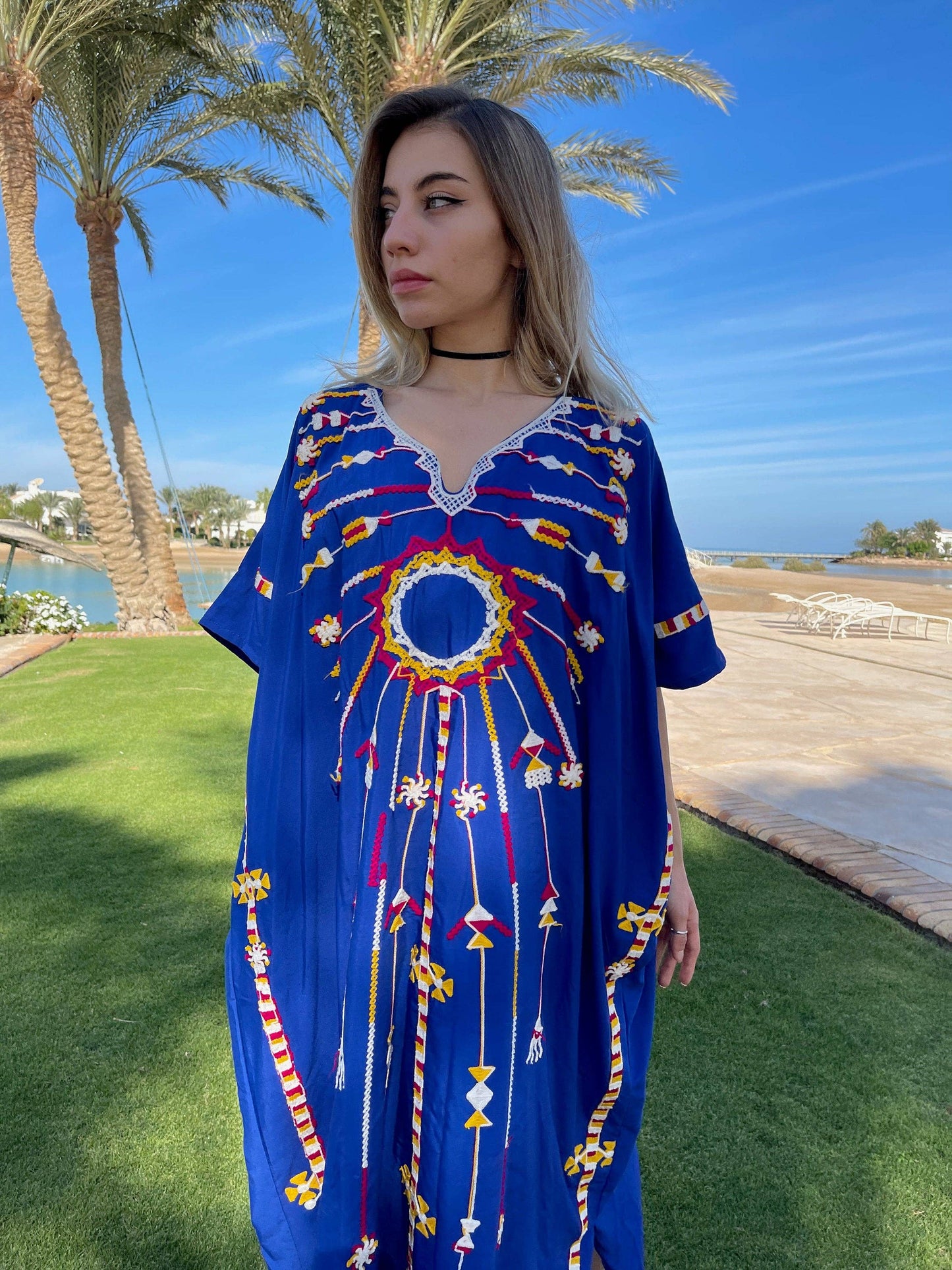 Electric Blue Egyptian Cotton Embroidered Kaftan