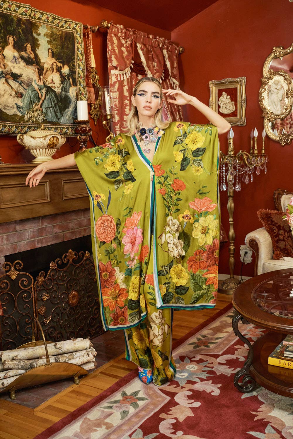 French Riviera Hand-Beaded Kimono / Topper: Olive Floral / One Size