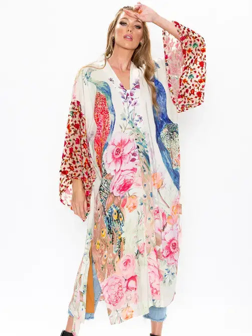 Fantasy Kimono/ Duster: Ivory Peacock Print / Size M